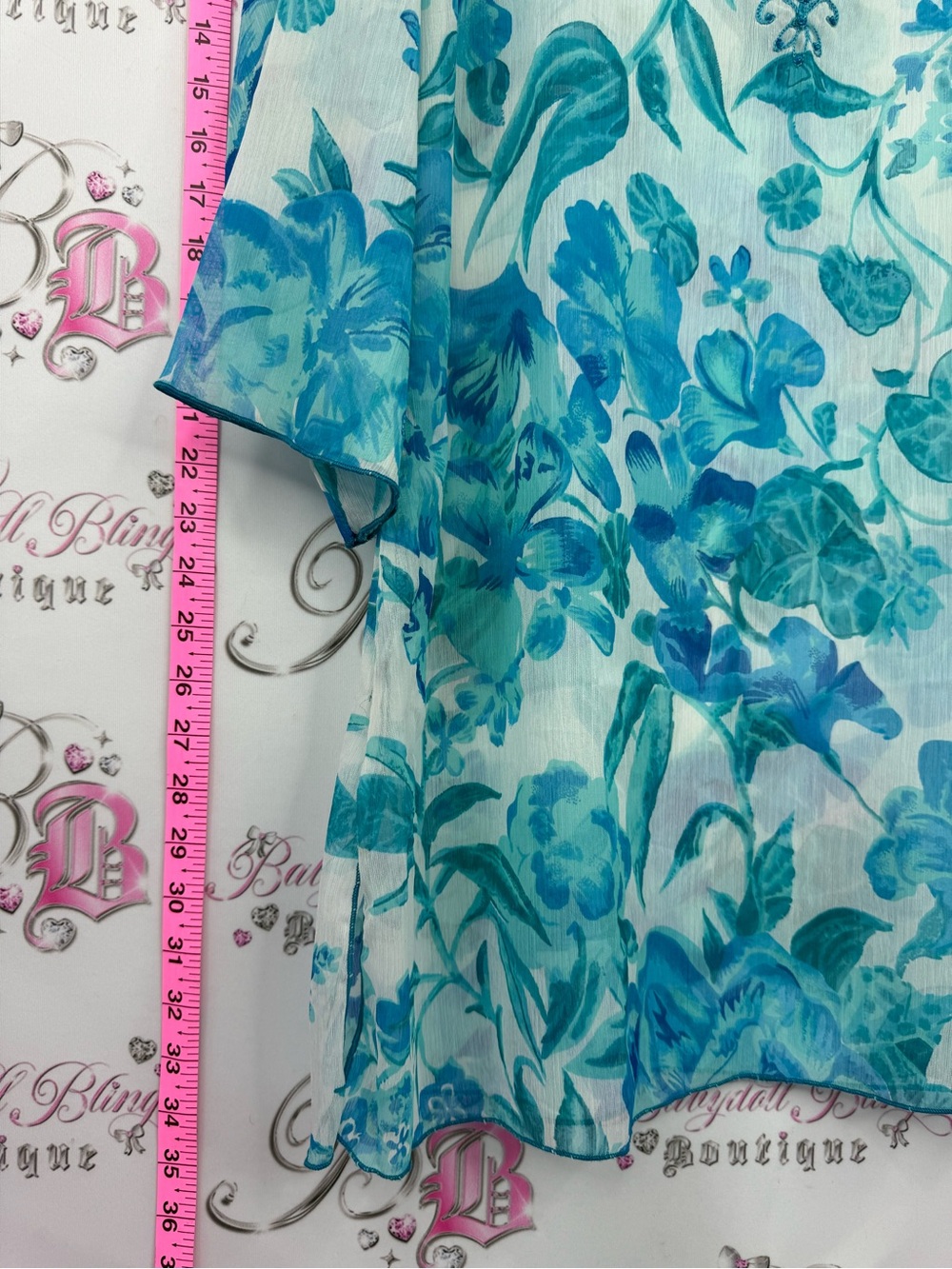 Double Decker coverup mini dress. Ranch Teal Floral V-Neck Sheer beaded - Picture 5 of 9